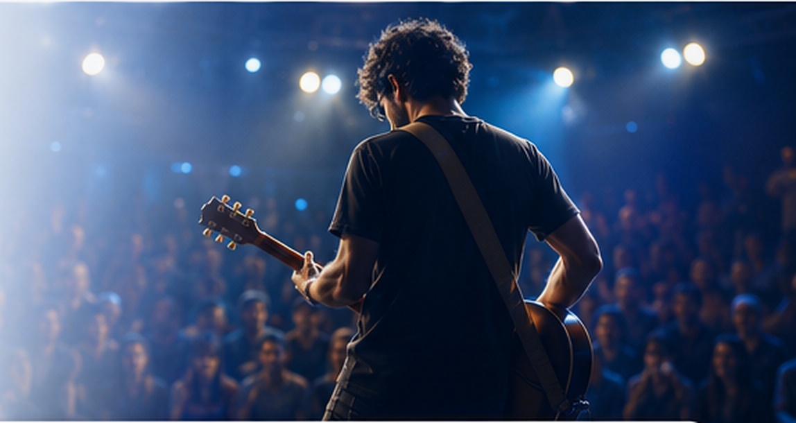 Músico tocando guitarra no palco